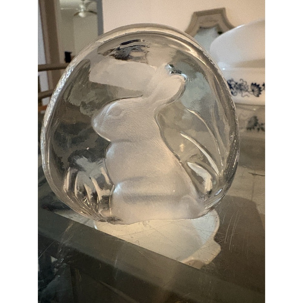 Vintage Clear & Frosted Glass Bunny Rabbit Paperweight Sculpture Swedish Style